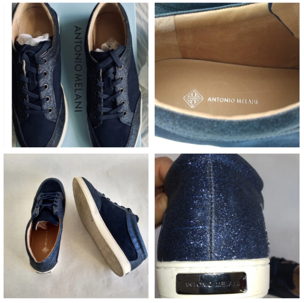 NWOB Antonio Melani Alany Glitter Lace Up, Size 9.5M Sneakers Navy Blue Leather